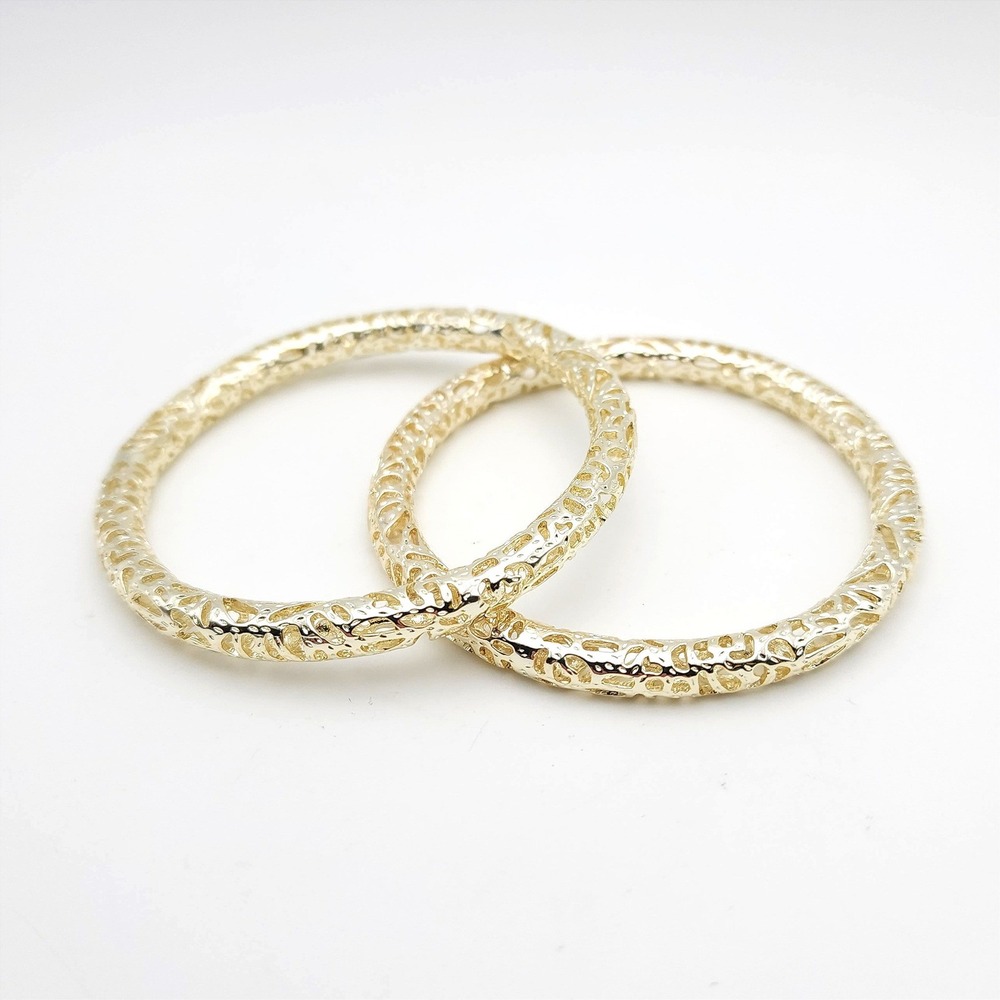 Gold Tone Openwork Filigree Bangle Bracelets Set of 2 Textured 8"